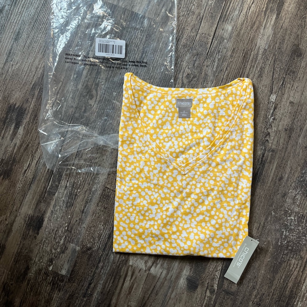 Chico’s Cotton Side Slit Elbow Golden Honey Dot Tee Size Chico’s 4 Women’s 20/22 - Picture 8 of 9
